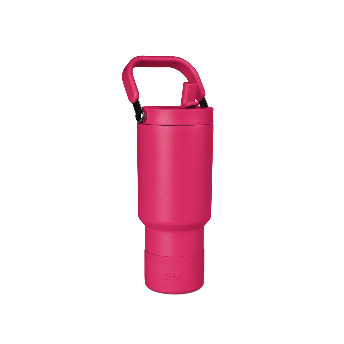 Bright hot pink water bottle with a secure screw-on cap and comfortable grip handle, displayed against a white background.