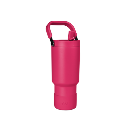 Bright hot pink water bottle with a secure screw-on cap and comfortable grip handle, displayed against a white background.