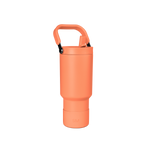 Coral-orange tumbler with black accents, viewed from the side showing the full cylindrical shape and smooth surface finish.