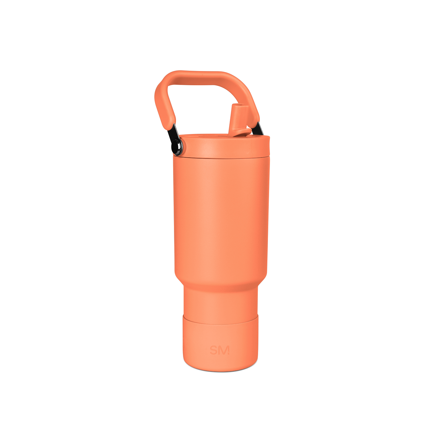 Coral-orange tumbler with black accents, viewed from the side showing the full cylindrical shape and smooth surface finish.
