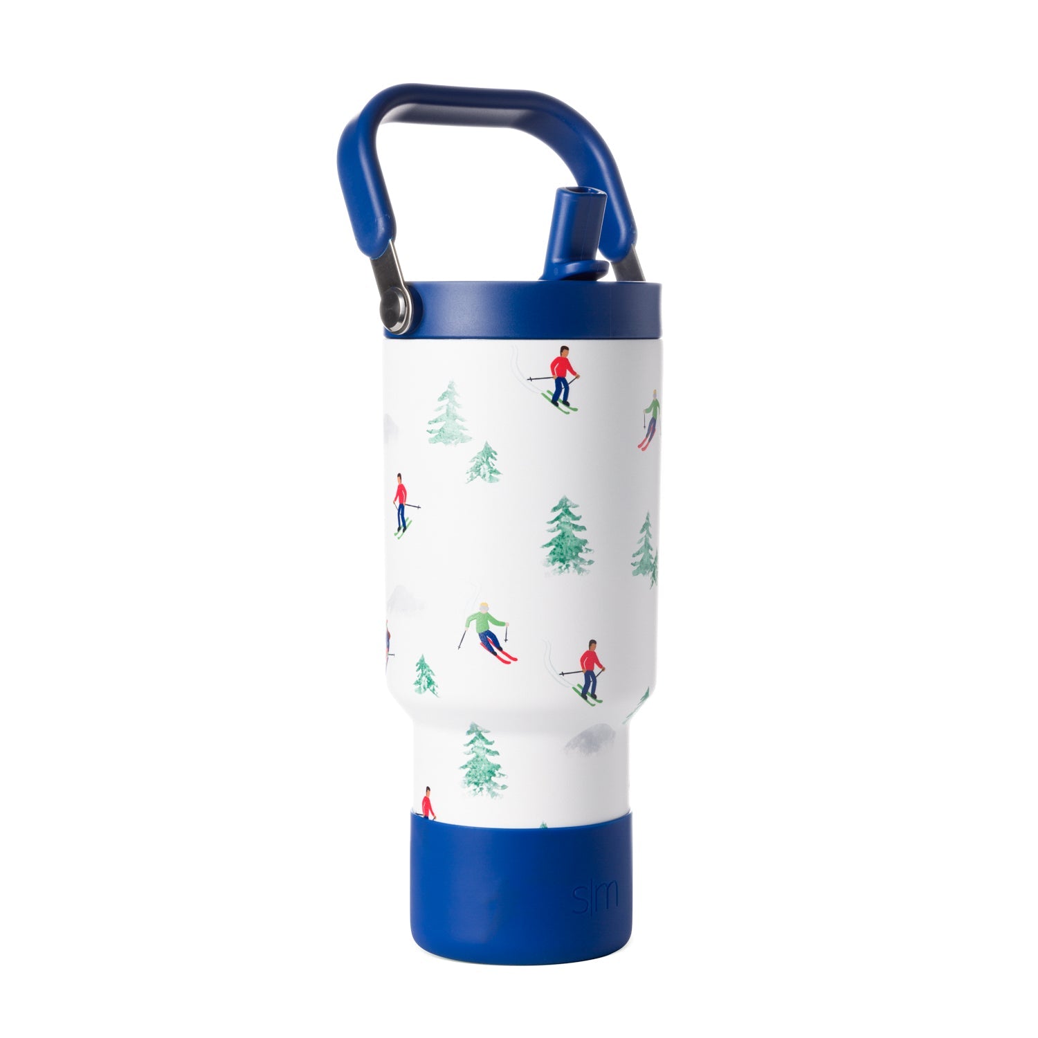 White water bottle with royal blue top handle and base, product front view