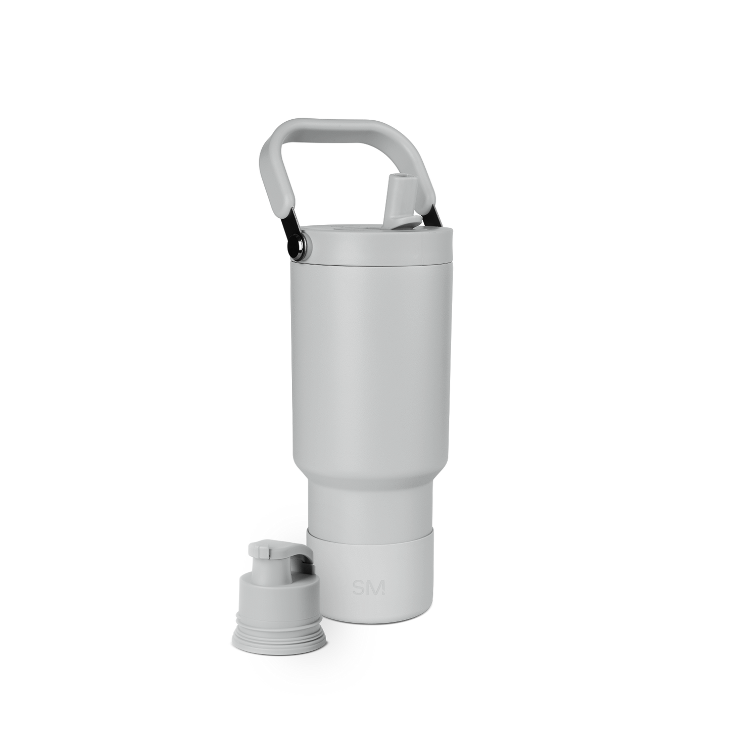 Light gray insulated water bottle with cylindrical body, tapered base, and matching gray arched carrying handle against white background