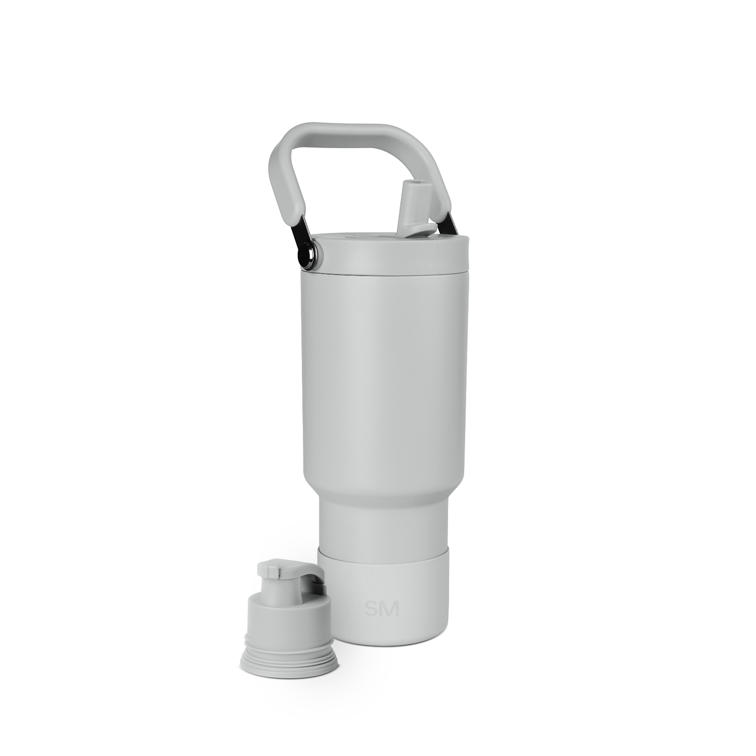 Light gray insulated water bottle with cylindrical body, tapered base, and matching gray arched carrying handle against white background