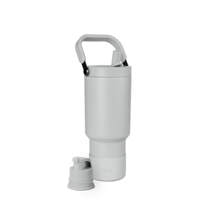 Light gray insulated water bottle with cylindrical body, tapered base, and matching gray arched carrying handle against white background