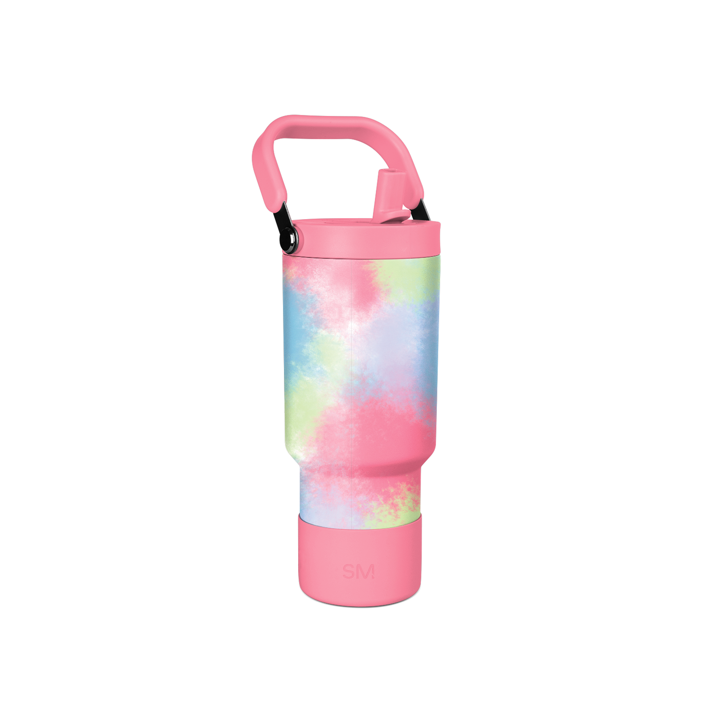 Tie-dye water bottle with vibrant pink, blue, soft green, and pale yellow watercolor gradient pattern on central band, solid colored top and bottom sections.