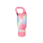 Tie-dye water bottle with vibrant pink, blue, soft green, and pale yellow watercolor gradient pattern on central band, solid colored top and bottom sections.