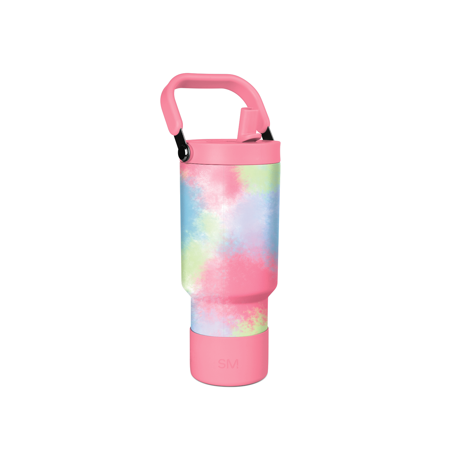 Tie-dye water bottle with vibrant pink, blue, soft green, and pale yellow watercolor gradient pattern on central band, solid colored top and bottom sections.