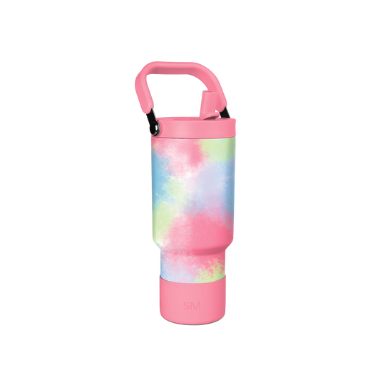 Tie-dye water bottle with vibrant pink, blue, soft green, and pale yellow watercolor gradient pattern on central band, solid colored top and bottom sections.