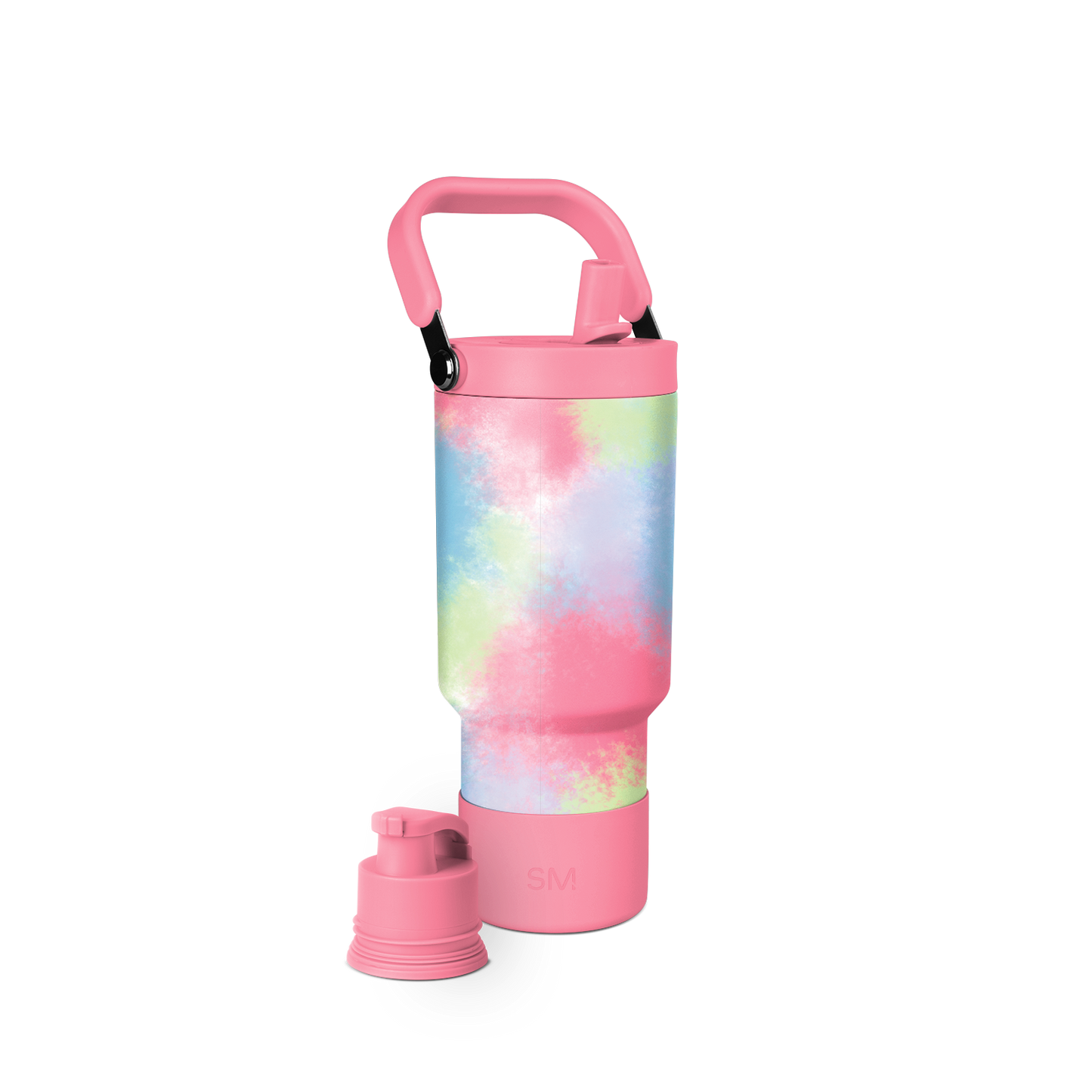 Pastel tie-dye water bottle in soft pink, pale yellow, mint green, and light blue swirled pattern on cylindrical body