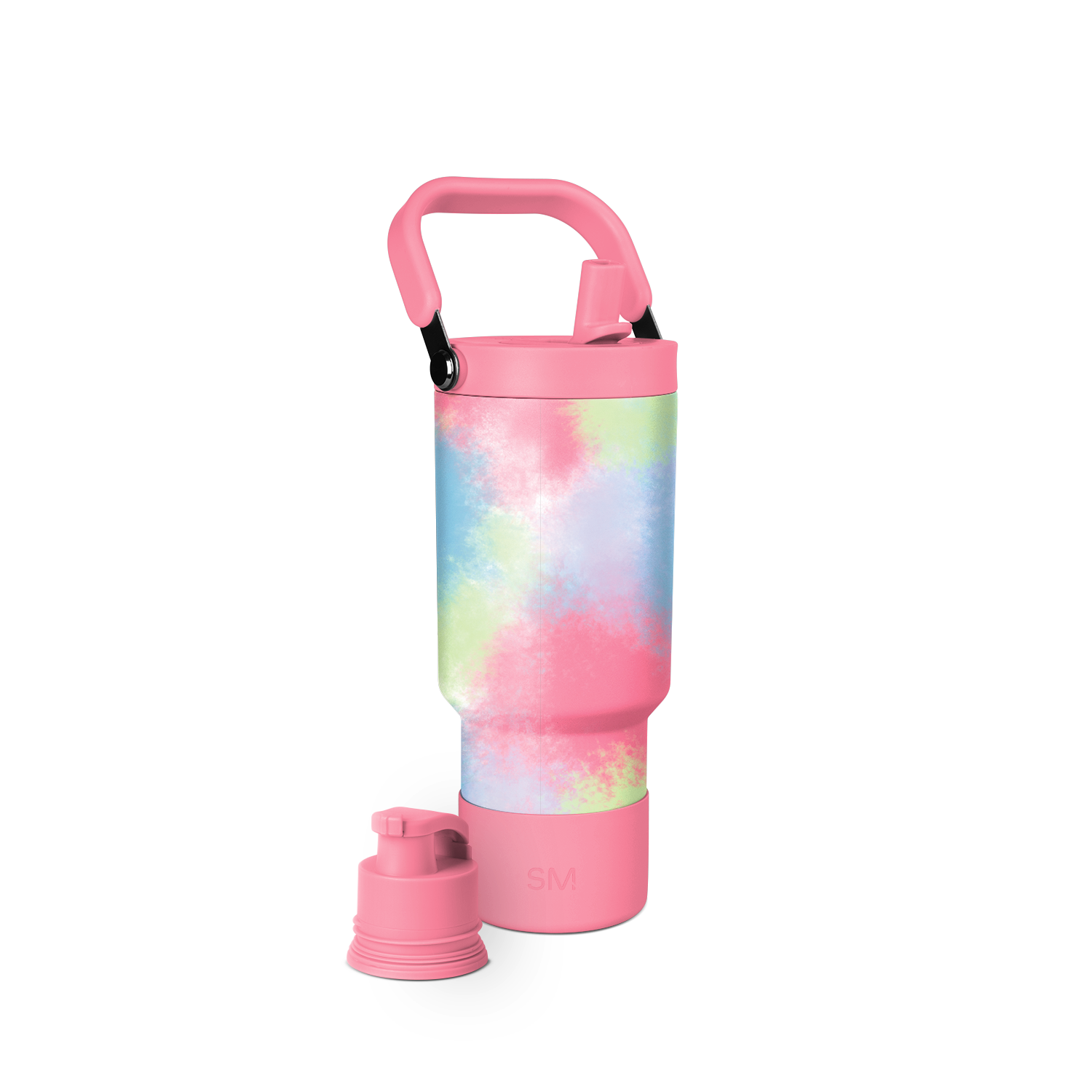 Pastel tie-dye water bottle in soft pink, pale yellow, mint green, and light blue swirled pattern on cylindrical body