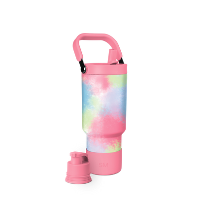 Pastel tie-dye water bottle in soft pink, pale yellow, mint green, and light blue swirled pattern on cylindrical body