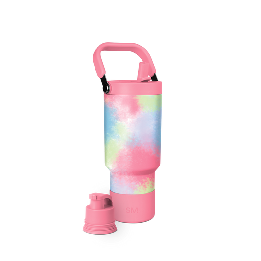 Pastel tie-dye water bottle in soft pink, pale yellow, mint green, and light blue swirled pattern on cylindrical body