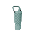 Sage green cylindrical container with checkerboard pattern in two tones of green, featuring matching handle and base
