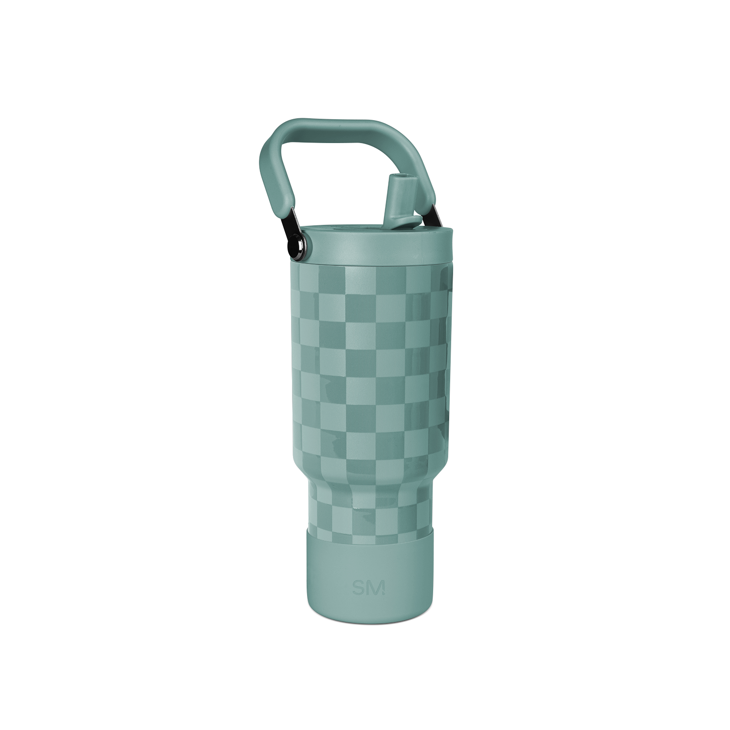 Sage green cylindrical container with checkerboard pattern in two tones of green, featuring matching handle and base