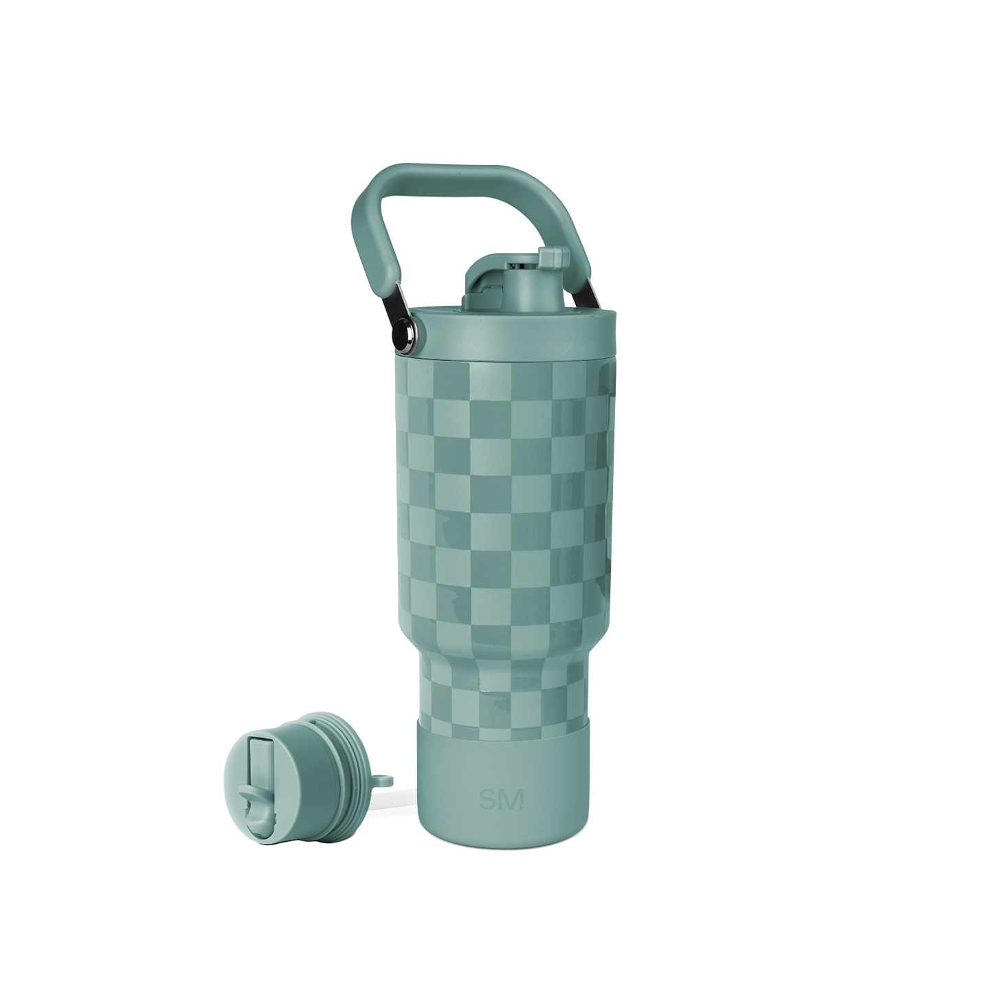Sage green water bottle with matching lid and detachable handle, featuring a soft muted teal tone throughout the design.