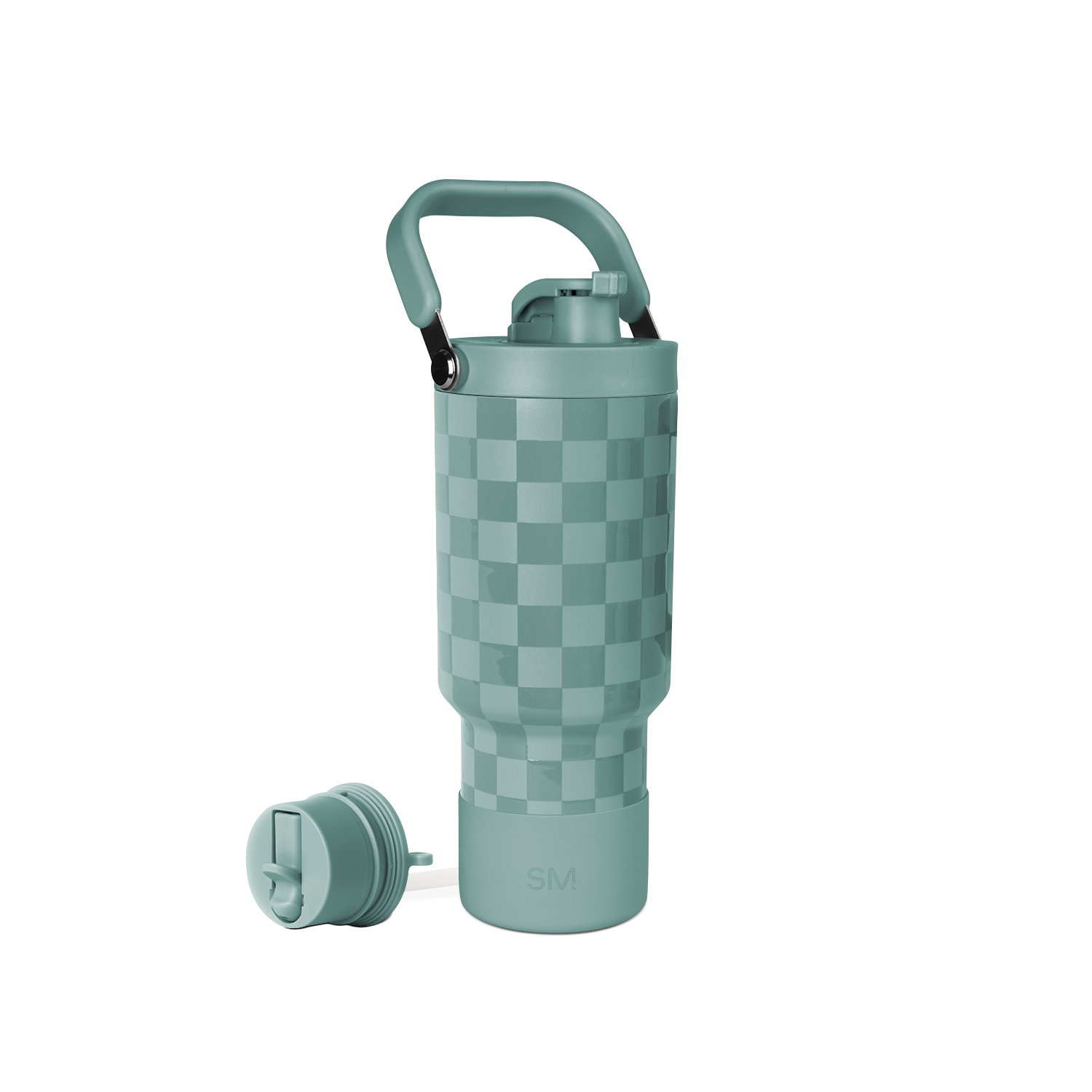 Sage green water bottle with matching lid and detachable handle, featuring a soft muted teal tone throughout the design.