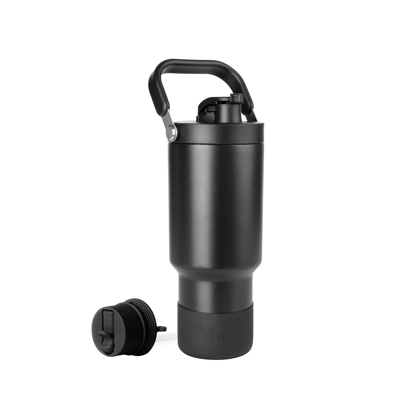 Matte black water bottle with gray tonal variations on clean white background
