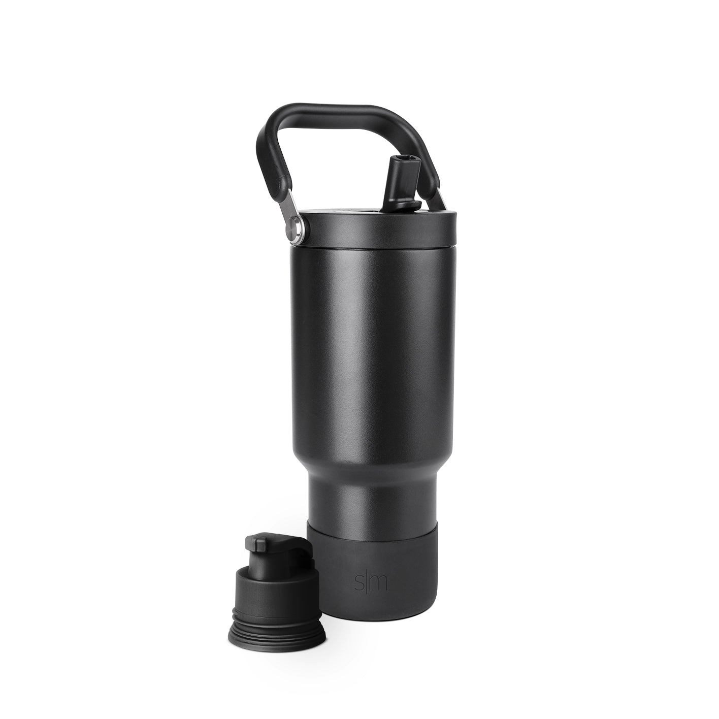 Matte black thermal travel mug with metallic silver handle and fastening details on white background