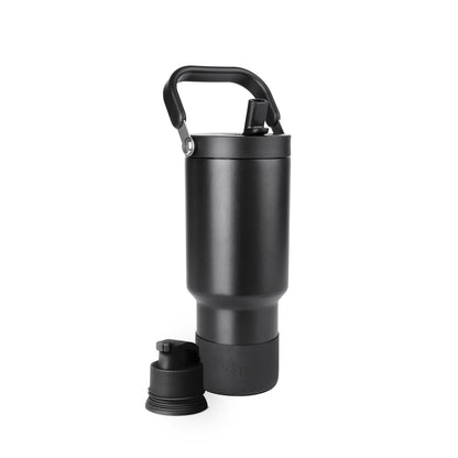 Matte black thermal travel mug with metallic silver handle and fastening details on white background