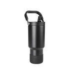 Matte black cylindrical drinkware with metallic gray accents and dark handle against black background