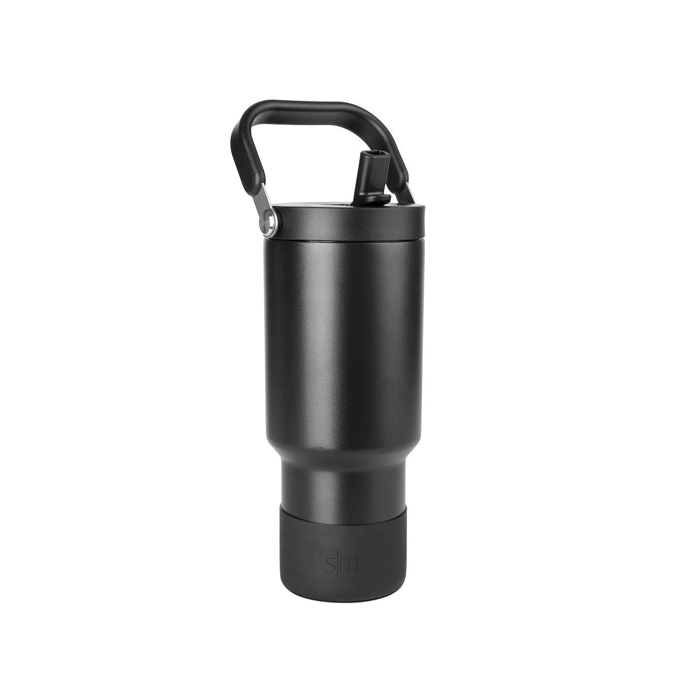 Matte black cylindrical drinkware with metallic gray accents and dark handle against black background