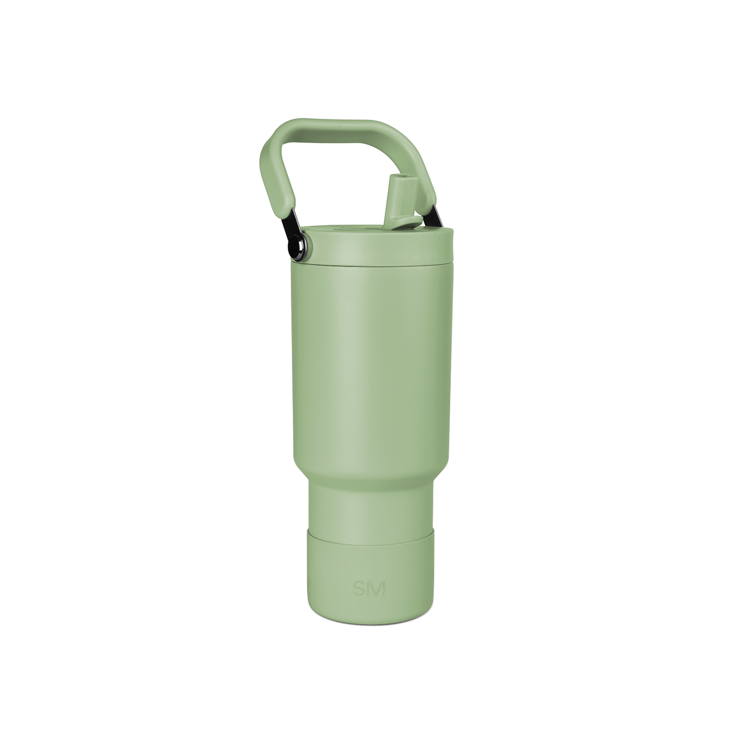 Soft sage green water bottle with handles and matching base on white background