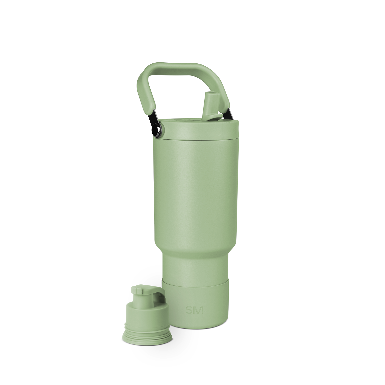 Soft sage green water bottle with black carabiner clip attachment, product view.