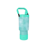 Turquoise and mint green insulated bottle with aqua-green body, deeper turquoise handle, lid band, and base.