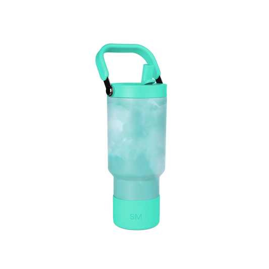 Turquoise and mint green insulated bottle with aqua-green body, deeper turquoise handle, lid band, and base.