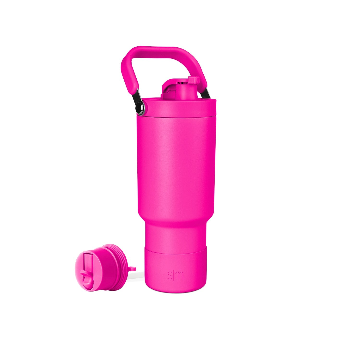 Vibrant hot pink schedule book with black handle and lid accents