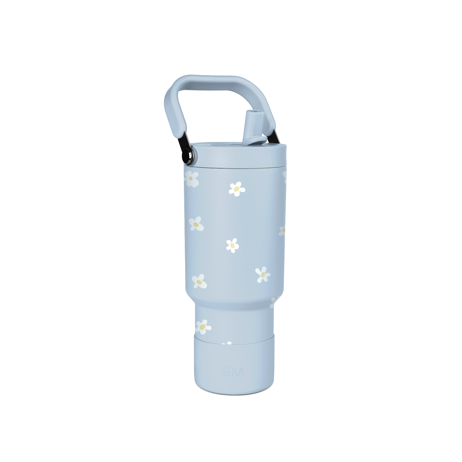 Pale blue glass bottle with white and pale yellow daisy flower motifs scattered across the surface, featuring a calming, gentle aesthetic design.