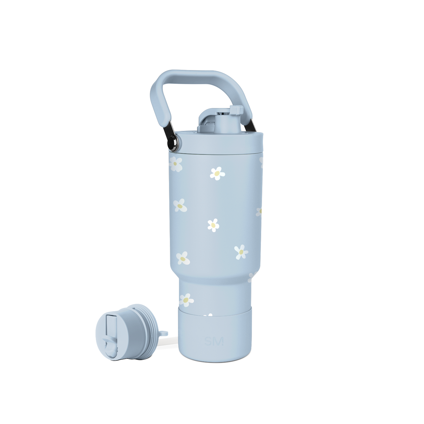 Soft blue-gray water bottle with white and pale yellow daisy flower design, shown against a white background