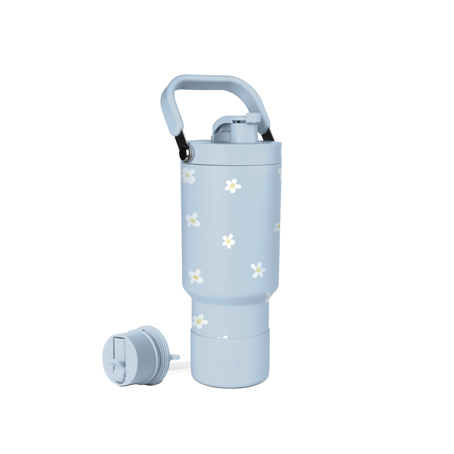 Soft blue-gray water bottle with white and pale yellow daisy flower design, shown against a white background