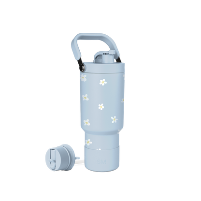 Soft blue-gray water bottle with white and pale yellow daisy flower design, shown against a white background
