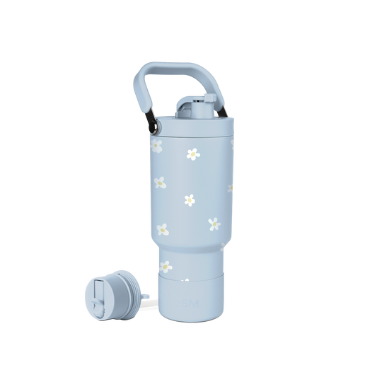 Soft blue-gray water bottle with white and pale yellow daisy flower design, shown against a white background