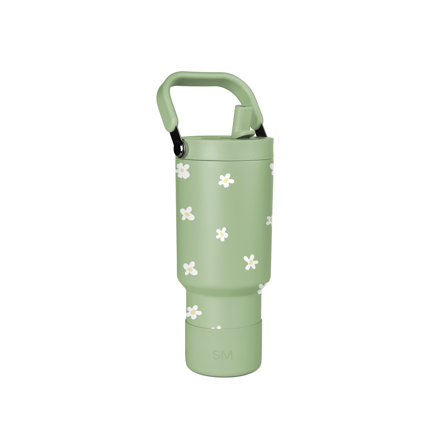Soft sage green water bottle with small white four-petal flower pattern design throughout