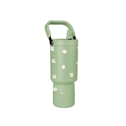 Soft sage green water bottle with small white four-petal flower pattern design throughout
