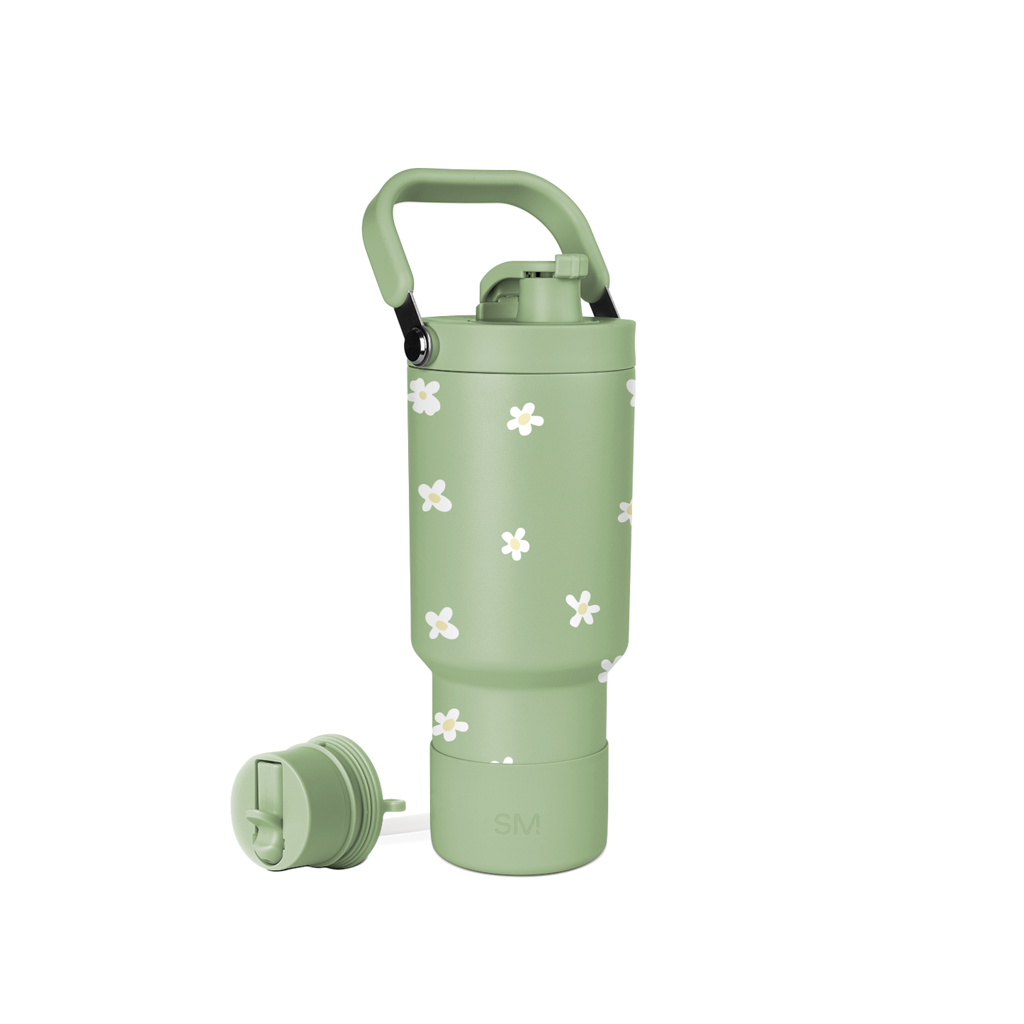 Sage green Simple Modern water bottle with white four-petaled flower pattern on white background