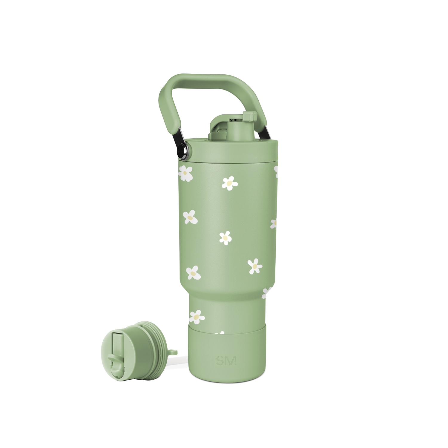 Sage green Simple Modern water bottle with white four-petaled flower pattern on white background
