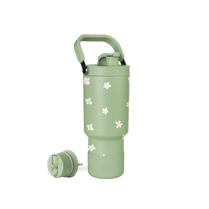 Sage green Simple Modern water bottle with white four-petaled flower pattern on white background