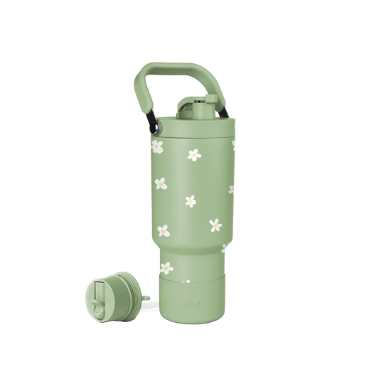 Sage green Simple Modern water bottle with white four-petaled flower pattern on white background