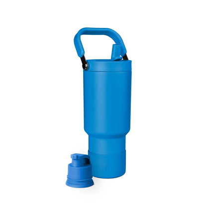Cobalt blue insulated beverage bottle with cylindrical body and tapered lower section, photographed against white background.