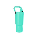 Vibrant turquoise product with black carabiner clips on handle attachment
