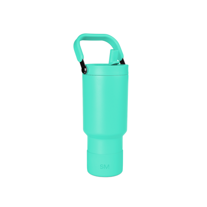Vibrant turquoise product with black carabiner clips on handle attachment