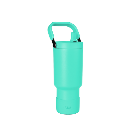Vibrant turquoise product with black carabiner clips on handle attachment
