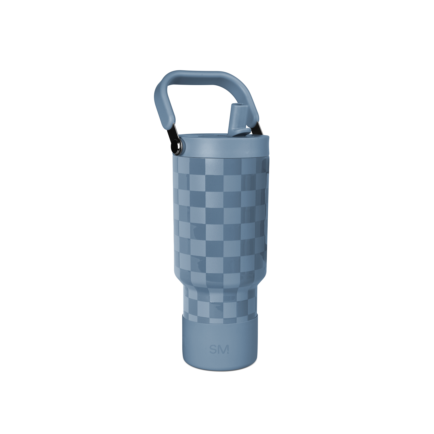 Blue ceramic mug with checkerboard pattern, slate blue body with muted blue tones, modern minimalist design