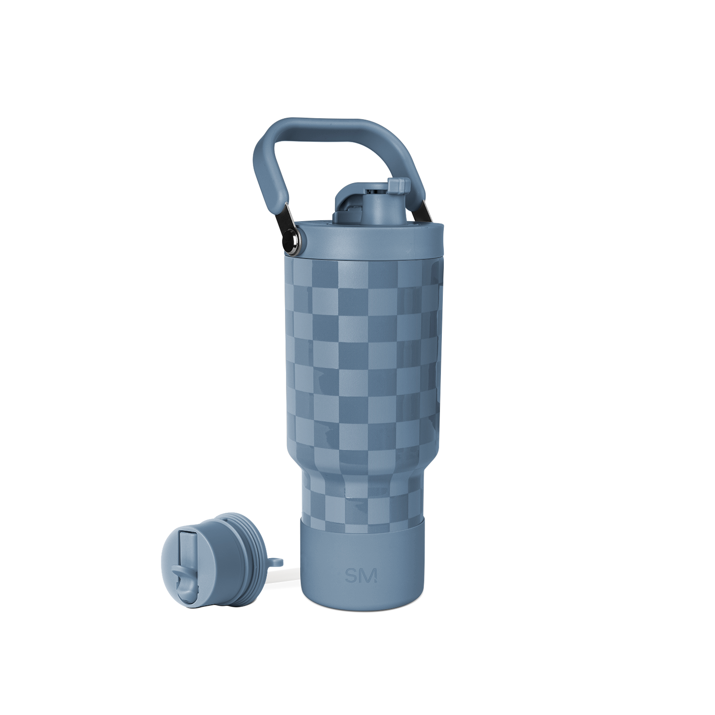 Dusty slate blue water bottle with checkered pattern overlay in alternating light and dark blue tones