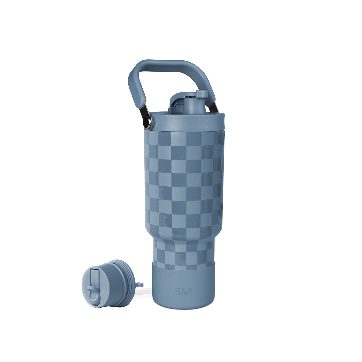 Dusty slate blue water bottle with checkered pattern overlay in alternating light and dark blue tones