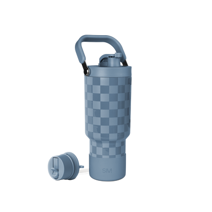 Dusty slate blue water bottle with checkered pattern overlay in alternating light and dark blue tones