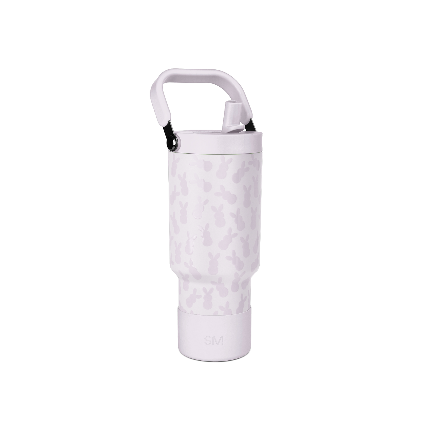 Light lavender water bottle with mauve camo pattern, white handle and rim, black accents